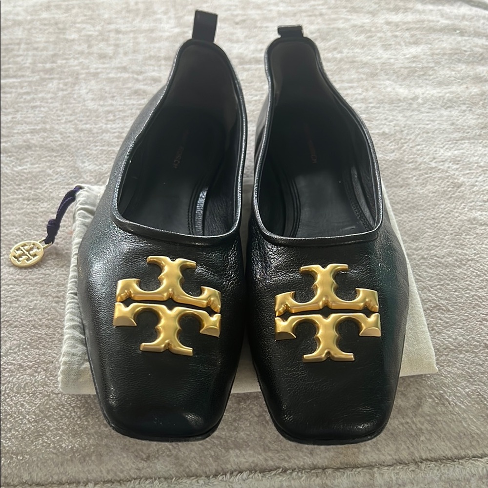 Tory Burch Black and Gold Elenor Leather Flats with Signature Logo